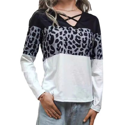 Damen lässiges Langarmshirt mit modischem Leopardenmuster und raffiniertem V-Ausschnitt Stalluxe