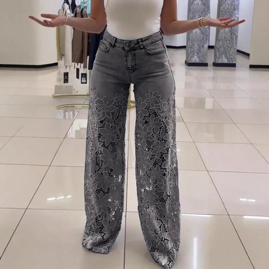 Damen Weite Palazzo-Jeans mit floralem Spitzenmotiv Stalluxe
