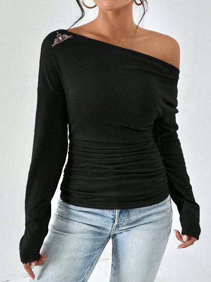 Damen figurbetontes Langarmtop mit asymmetrischem Ausschnitt und Raffungen Stalluxe