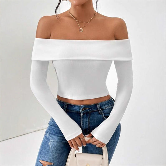 Damen Off-Shoulder Crop-Top mit langen Ärmeln und feiner Rippstruktur Stalluxe