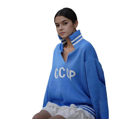 Damen lässiger Pullover mit sportlichem Schriftzug und trendigen Rippabschlüssen Stalluxe