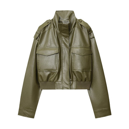 Damen modische cropped Bikerjacke mit Schulterklappen und großen Taschen Stalluxe