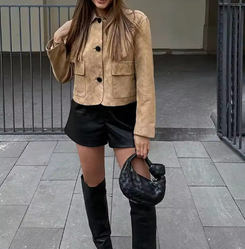 Damen Wildlederimitat Jacke mit Knopfleiste und Taschen Stalluxe