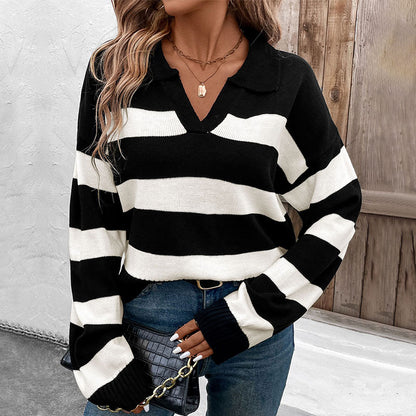 Damen Strickpullover mit V-Ausschnitt und Streifenmuster Stalluxe