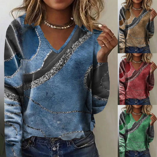 Damen V-Ausschnitt Langarmshirt mit modernem Wellendesign Stalluxe