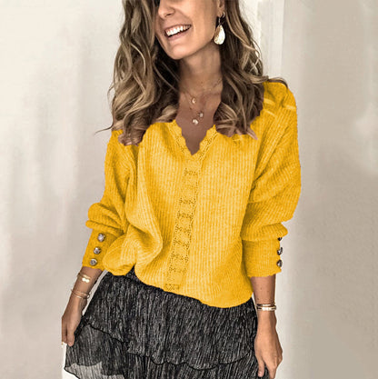 Damen Grobstrickpullover mit V-Ausschnitt und eleganten Knopfdetails Stalluxe