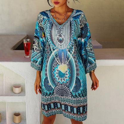 Damen Strandkleid mit voluminösen Ärmeln und außergewöhnlichem Muster Stalluxe