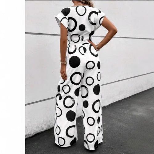 Damen Jumpsuit mit modernem Kreismuster und Taillengürtel Stalluxe
