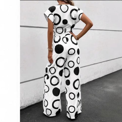 Damen Jumpsuit mit modernem Kreismuster und Taillengürtel Stalluxe