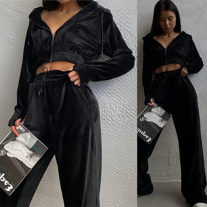Damen modischer Velours-Jogginganzug mit cropped Hoodie und weitem Bein Stalluxe