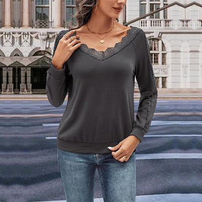 Damen Langarmshirt mit Spitzenverzierung und V-Ausschnitt Stalluxe