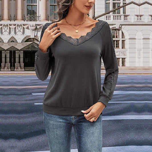Damen Langarmshirt mit Spitzenverzierung und V-Ausschnitt Stalluxe