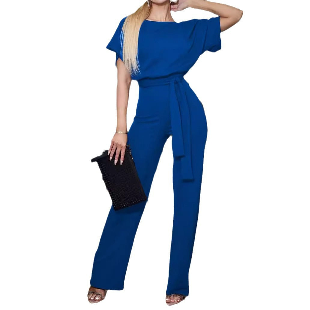 Damen Eleganter Jumpsuit mit breiten Beinen und Taillengürtel Stalluxe