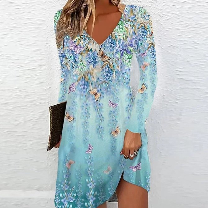 Damen V-Ausschnitt Kleid mit floralen Akzenten und langen Ärmeln Stalluxe
