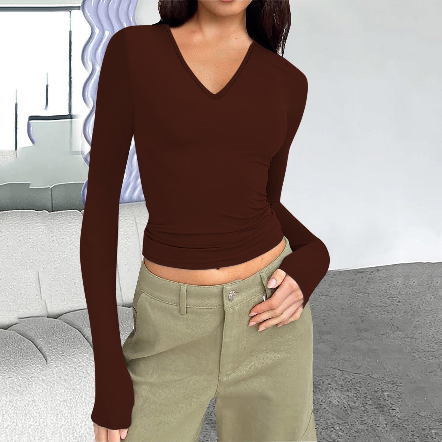 Damen Langarmshirt mit V-Ausschnitt und figurbetonendem Schnitt Stalluxe