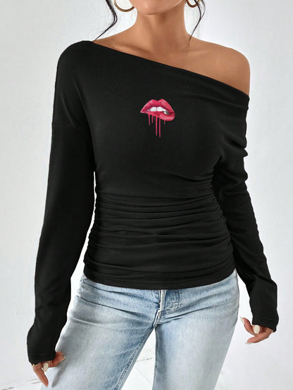 Damen figurbetontes Langarmtop mit asymmetrischem Ausschnitt und Raffungen Stalluxe