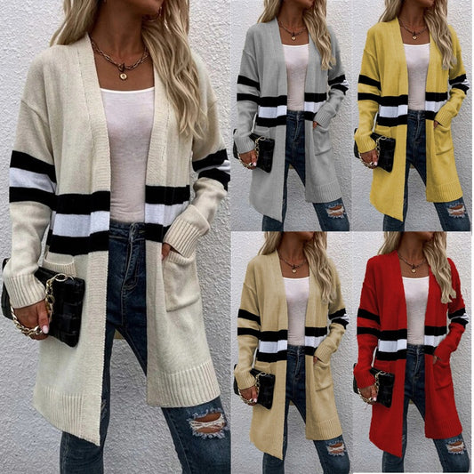 Damen Offene Strickjacke mit modernem Streifenmuster und praktischen Taschen Stalluxe