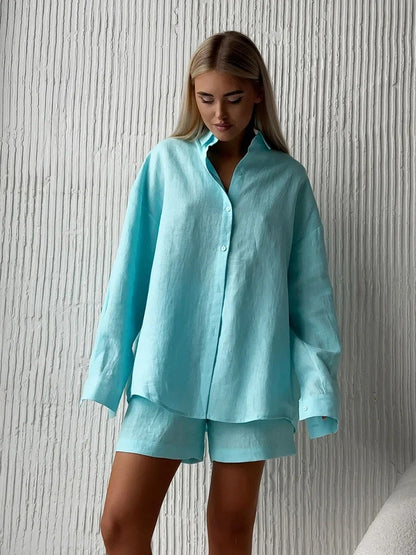 Damen lässige Leinenbluse und Shorts Set Stalluxe