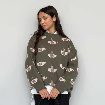 Damen Gemusterter Strickpullover mit Kaffeetassen-Motiv und angenehmem Sitz Stalluxe