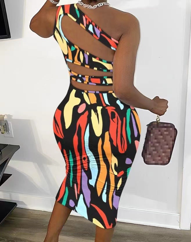 Damen Wickelkleid mit asymmetrischem Träger und buntem Muster Stalluxe