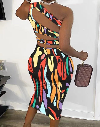 Damen Wickelkleid mit asymmetrischem Träger und buntem Muster Stalluxe