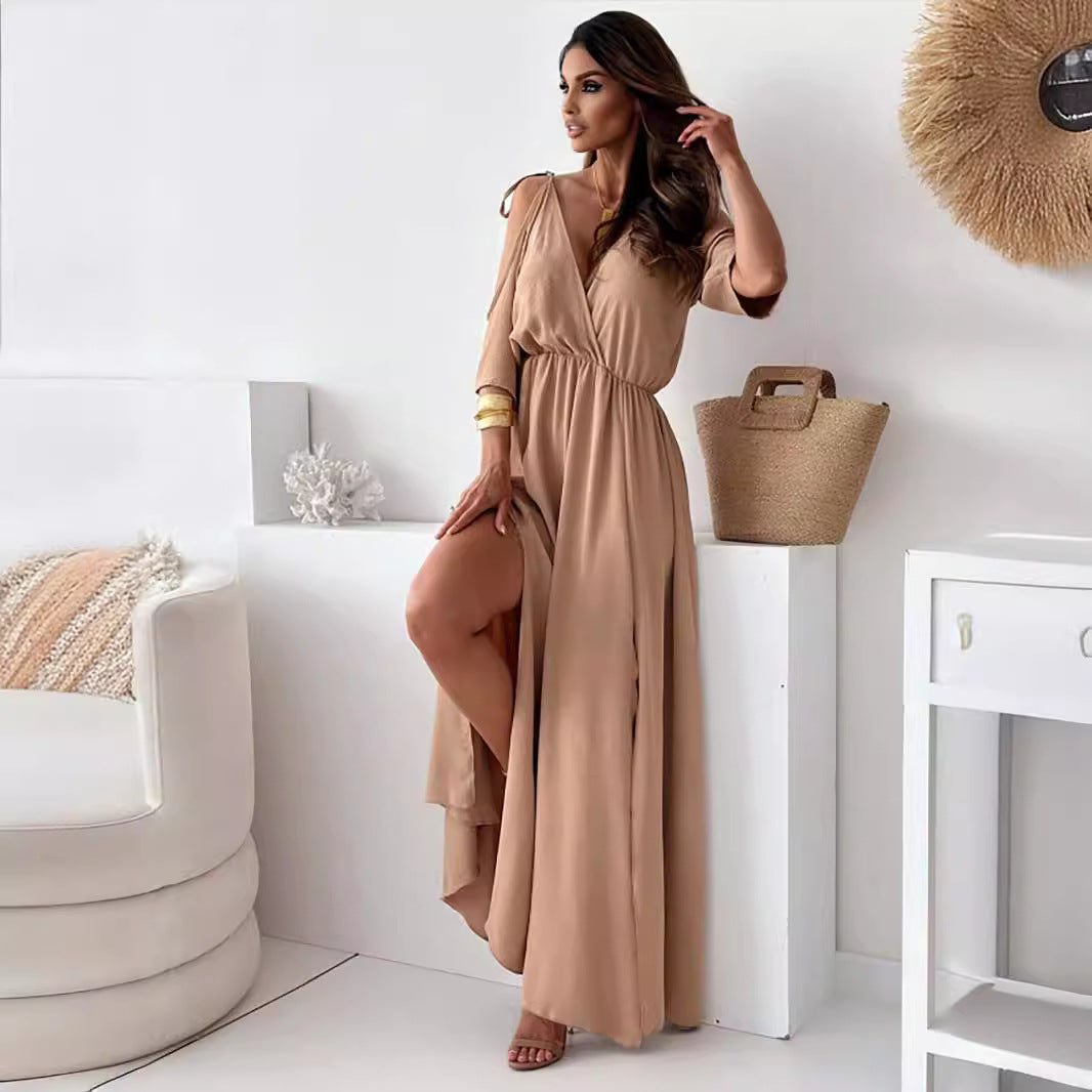 Damen elegantes Maxikleid mit tiefem V-Ausschnitt und Schlitz Stalluxe Camel