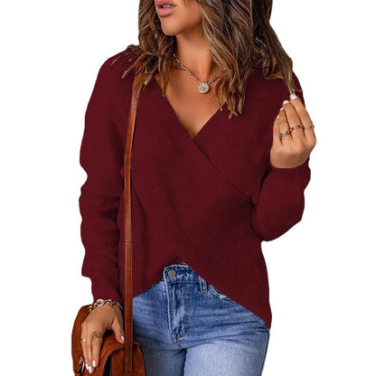 Damen lässiger Wickel-Pullover mit tiefem V-Ausschnitt und strukturiertem Gewebe Stalluxe