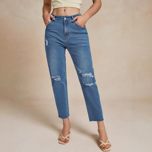 Damen Hochtaillierte Ripped Jeans mit lässigem Schnitt und Fransen Stalluxe