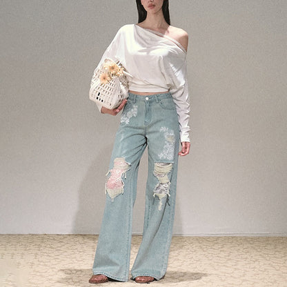 Damen Weit geschnittene Jeans mit individuellen Destroyed-Details und floralem Print Stalluxe