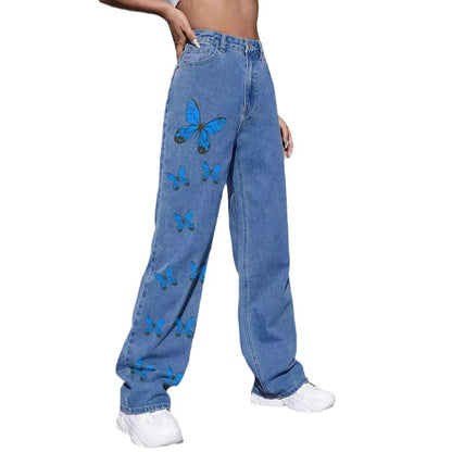 Damen Weit geschnittene Jeans mit buntem Schmetterlingsdruck Stalluxe