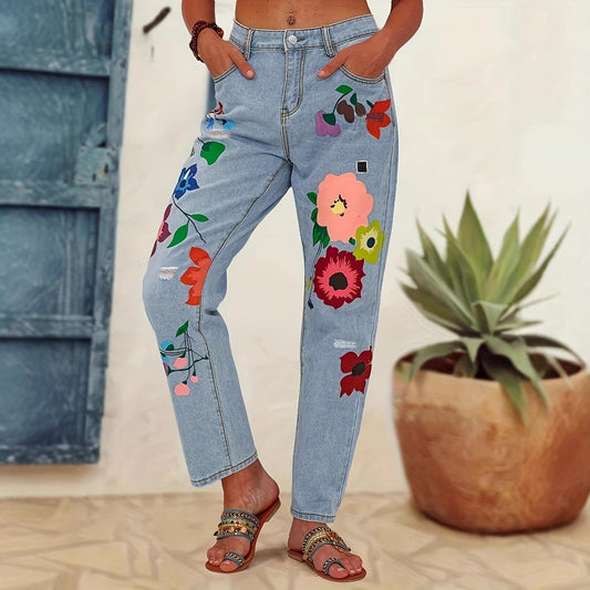 Damen Bunt bedruckte Jeans mit floralen Motiven und modischen Destroyed-Effekten Stalluxe