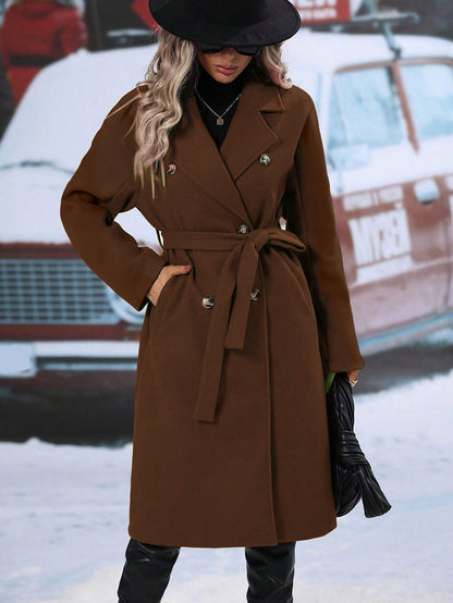 Damen eleganter Wollmantel mit doppelter Knopfleiste und Taillengürtel Stalluxe