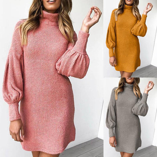 Damen Kleid mit hohem Kragen und voluminösen Ärmeln Stalluxe