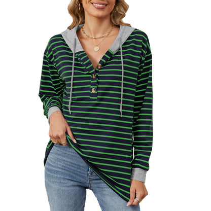 Damen lässiger Streifen-Hoodie mit Knopfleiste und bequemem Schnitt Stalluxe