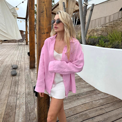 Women's Oversized Linen Button-Up Shirt Stalluxe