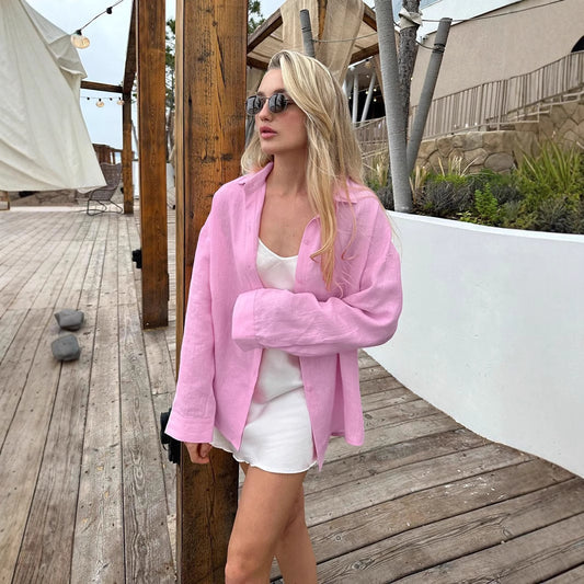 Women's Oversized Linen Button-Up Shirt Stalluxe
