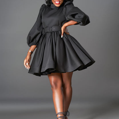 Damen Skaterkleid mit tailliertem Gürtel und voluminösen Ärmeln Stalluxe Schwarz