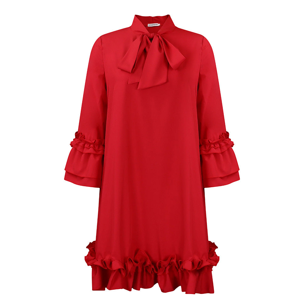 Damen Modisches Hemdblusenkleid mit Schleifenakzent und Volantärmel Stalluxe Rot