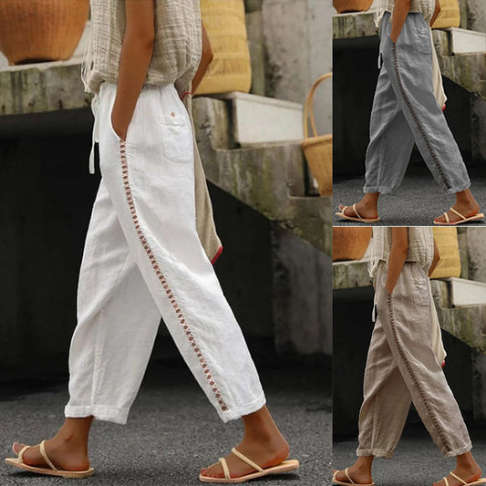 Damen Leichte A-Linien Hose aus atmungsaktivem Leinen mit seitlichen Taschen Stalluxe