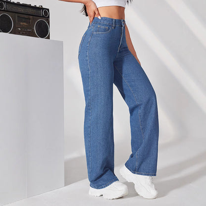Damen Weit geschnittene Hochbund-Jeans mit elastischem Taillenband und lässigem Look Stalluxe