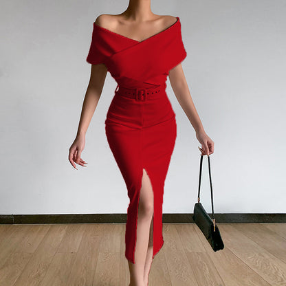 Damen figurbetontes Midi-Kleid mit Off-Shoulder-Ausschnitt und seitlichem Schlitz Stalluxe
