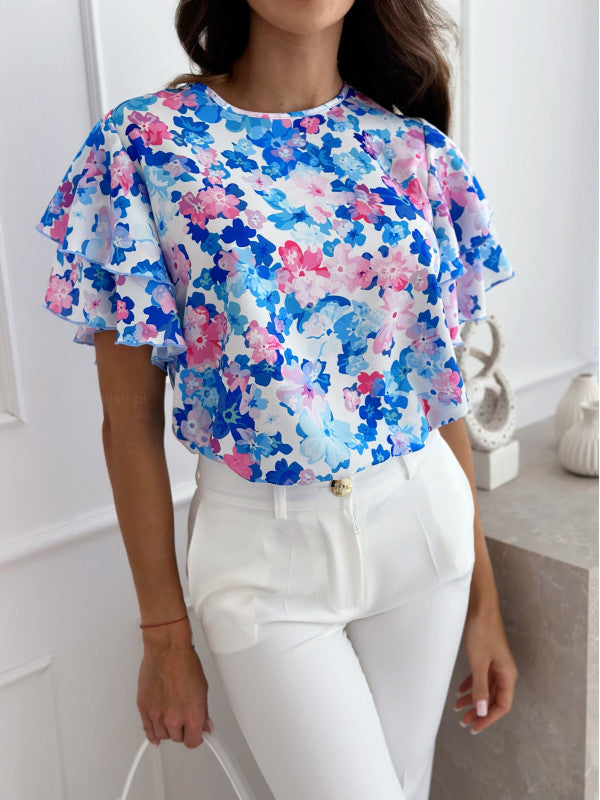 Damen Bluse mit voluminösen Rüschensäumen und floralem Druck Stalluxe