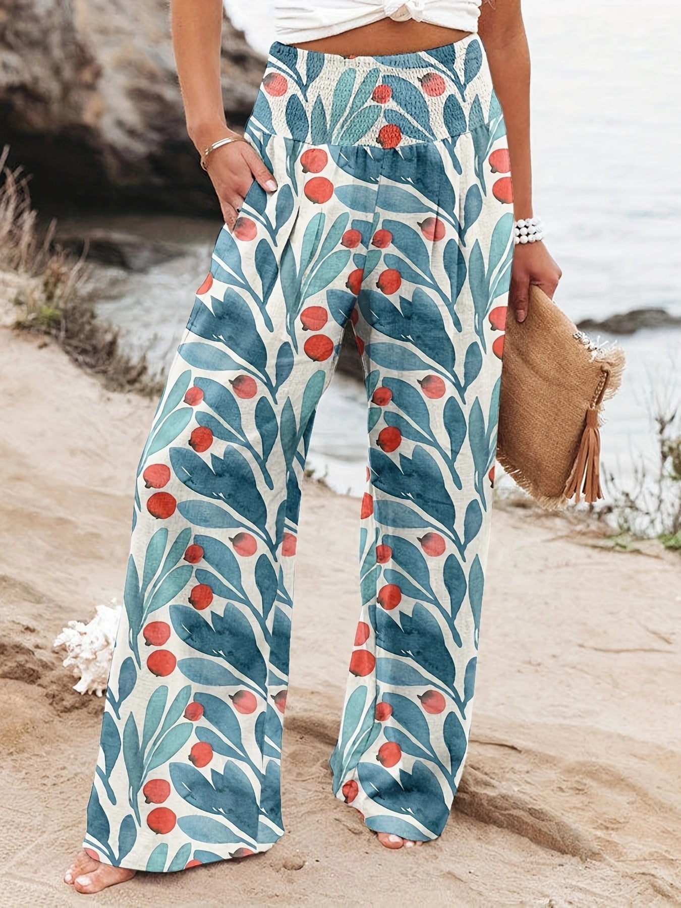 Damen Weit geschnittene Sommerhose mit floralem Print und elastischem Bund Stalluxe