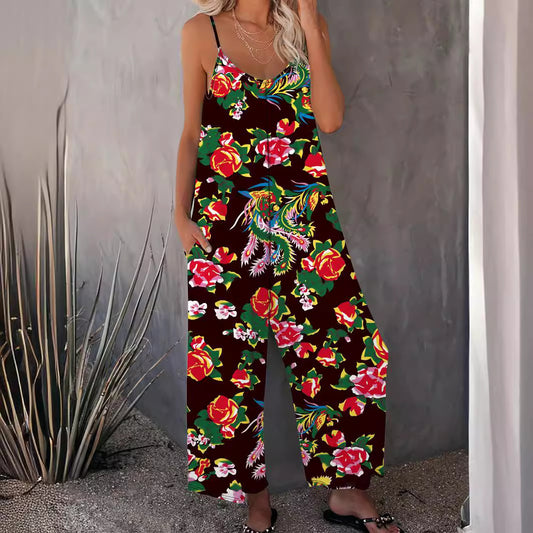 Damen Luftiger Jumpsuit mit floralem Design und verstellbaren Trägern Stalluxe