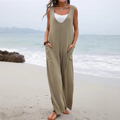 Damen Weit geschnittene Sommer-Jumpsuit mit praktischen Taschen und V-Ausschnitt Stalluxe