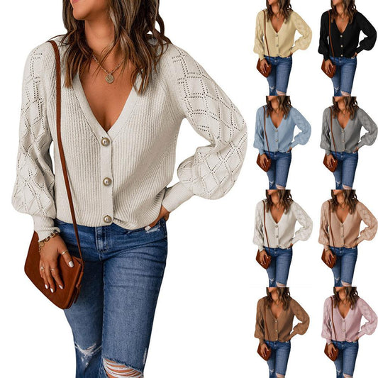 Damen Strickjacke mit V-Ausschnitt und modischen Puffärmeln Stalluxe