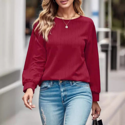 Damen modisches Oberteil mit elegantem Rippmuster und voluminösen Ärmeln Stalluxe