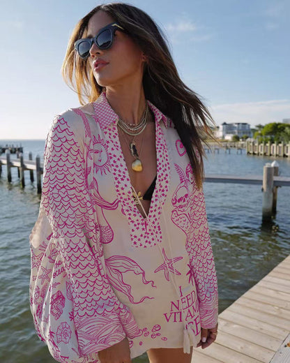 Damen lässige Strandbluse mit kunstvollem maritimem Druck und schickem V-Ausschnitt Stalluxe
