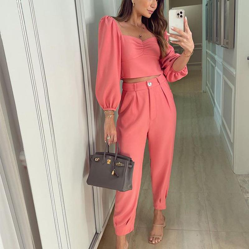 Damen Zweiteiliges Set mit Puffärmeln und eleganter Hochbundhose Stalluxe