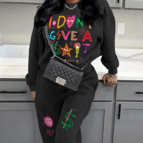 Damen lässiger Sweat-Anzug mit kreativem Grafikdruck für die modebewusste Frau Stalluxe